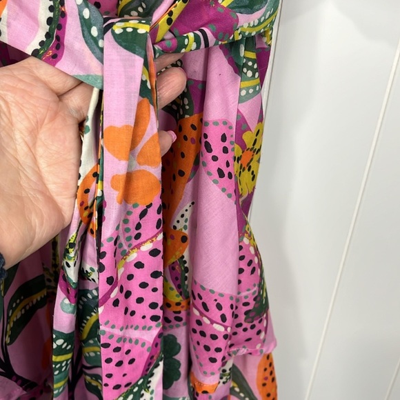 Crystal Sky Womens Mini Dress M Pink Orange Puffy Sleeves Zip Back Tie Sash EUC - Picture 10 of 16